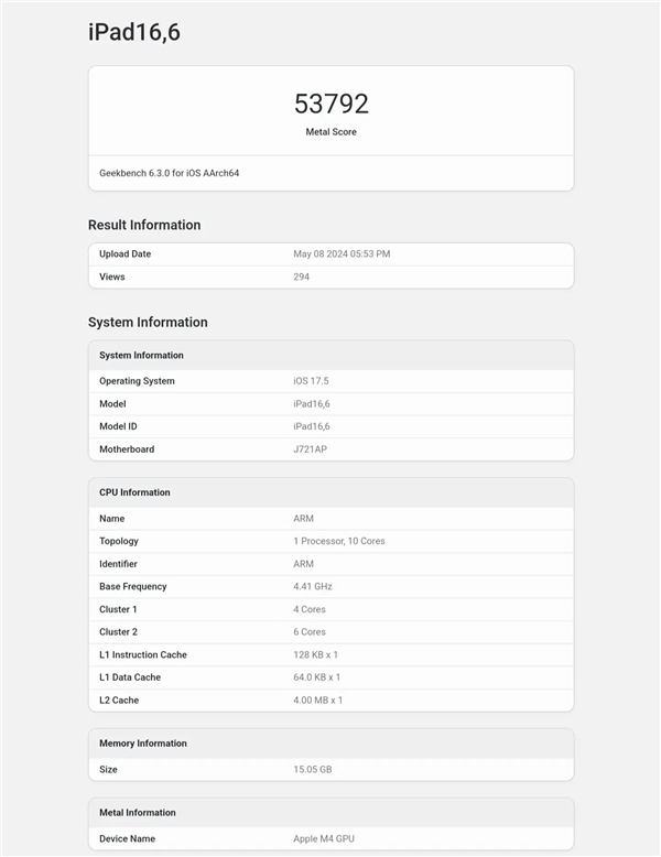 iPad Pro 2024首发！苹果M4 GPU跑分公布