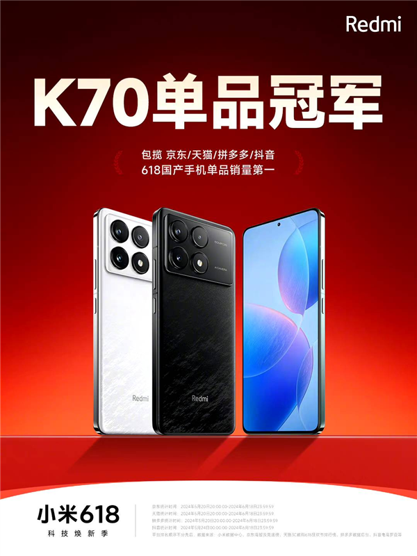 小米618手机全面领跑！Redmi K70斩获四大电商国产手机单品销量冠军